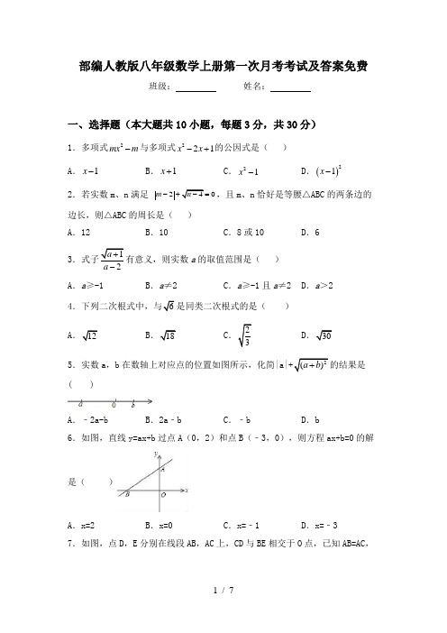 部编人教版八年级数学上册第一次月考考试及答案免费