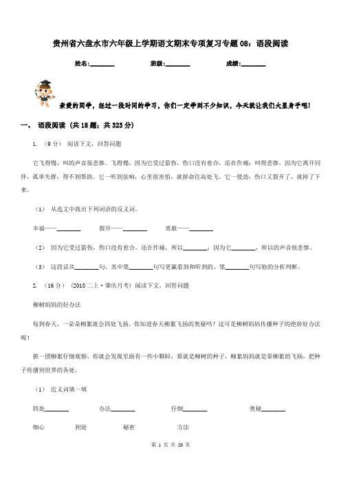 贵州省六盘水市六年级上学期语文期末专项复习专题08：语段阅读