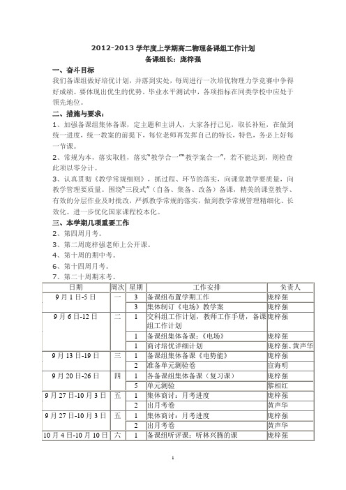 2012-2013学年度上学期高二物理备课组工作计划