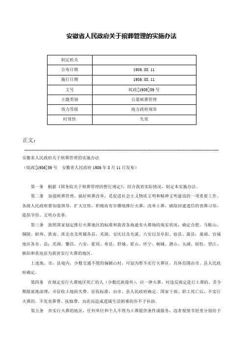 安徽省人民政府关于殡葬管理的实施办法-皖政[1986]59号