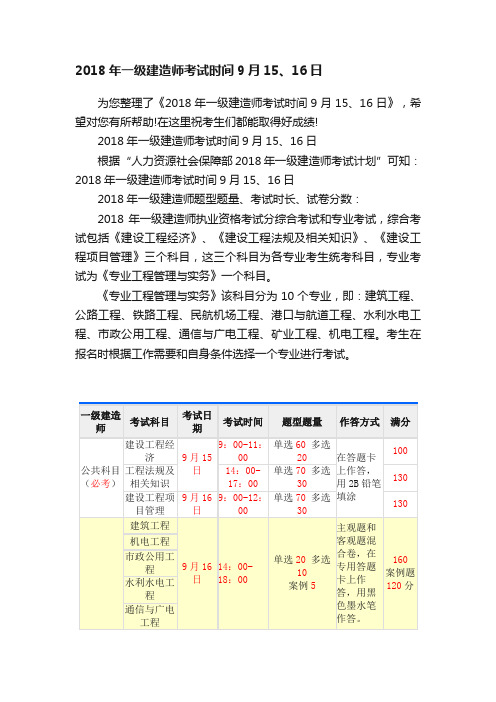 2018年一级建造师考试时间9月15、16日