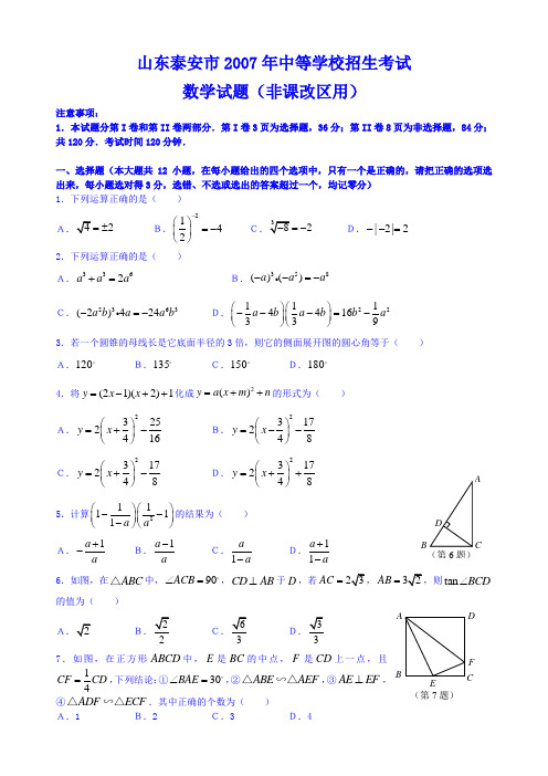 2007年山东省泰安市中考数学试卷及答案
