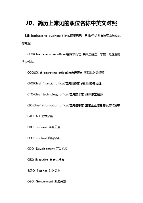 JD、简历上常见的职位名称中英文对照