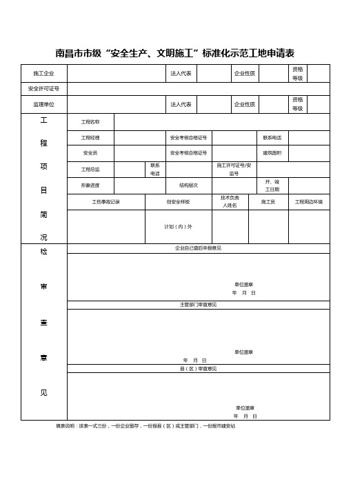 南昌市市级安全生产、文明施工标准化示范工地申请表