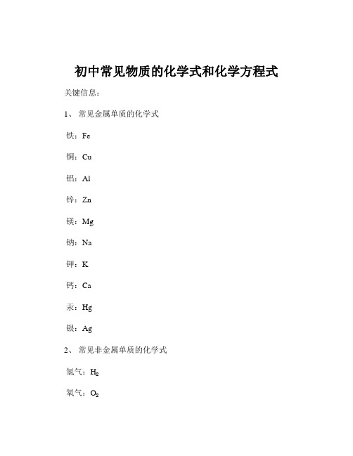 初中常见物质的化学式和化学方程式