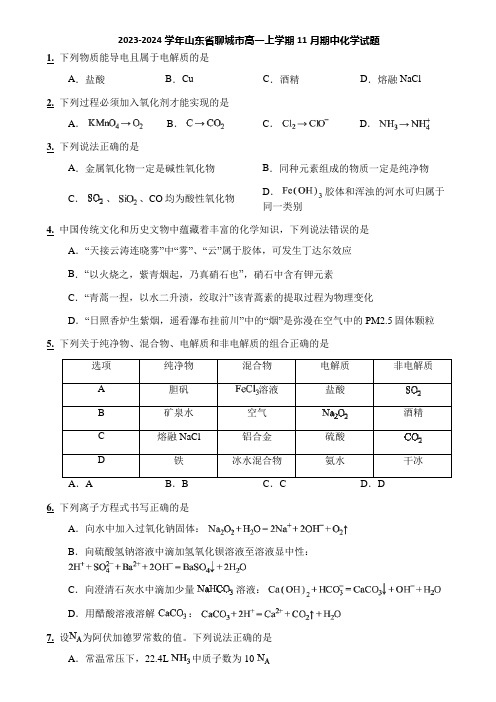 2023-2024学年山东省聊城市高一上学期11月期中化学试题