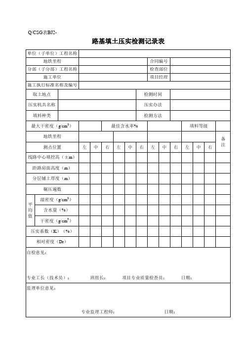 路基填土压实检测记录表 Q／CSG表BJ2-152