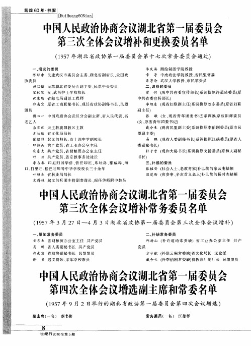 中国人民政治协商会议湖北省第一届委员会第三次全体会议增补常务委员名单