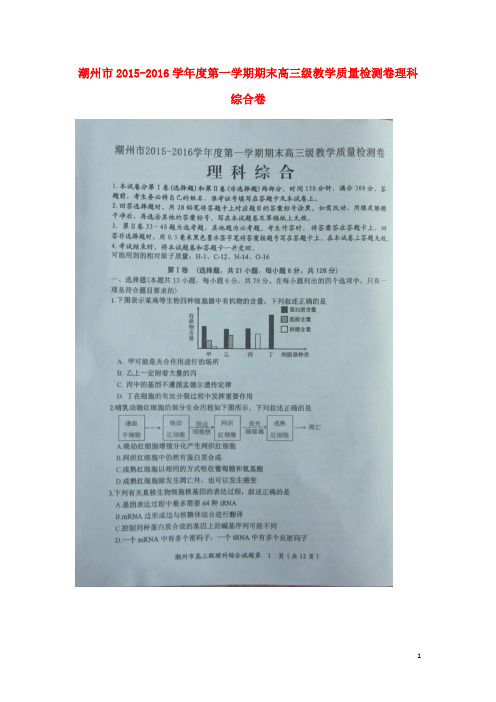 广东省潮州市高三理综上学期期末教学质量检测试题(扫描版)