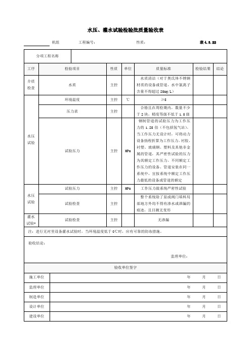 22.水压、灌水试验检验批质量验收表4.3.22