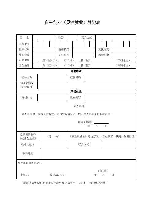 自主创业(灵活就业)登记表