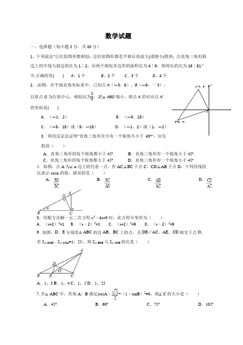 山东省新泰市学九级上期末模拟考试数学试题有答案