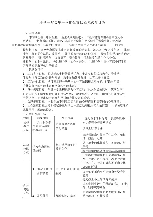 小学一年级第一学期体育课单元教学计划