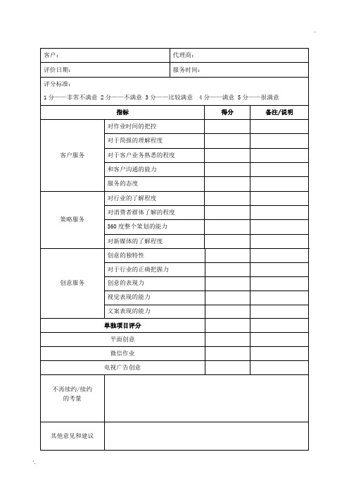 广告公司客户对广告公司的评估表