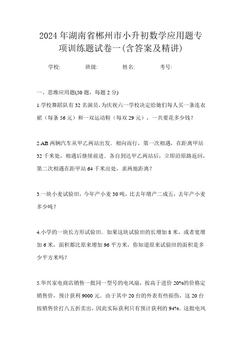 2024年湖南省郴州市小升初数学应用题专项训练题试卷一(含答案及精讲)