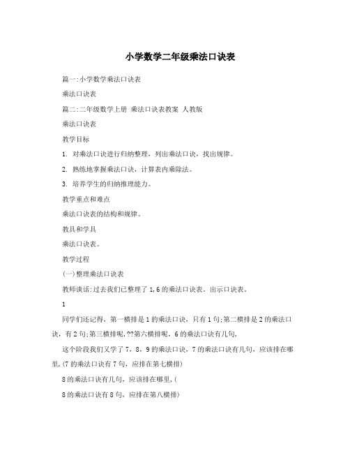 小学数学二年级乘法口诀表