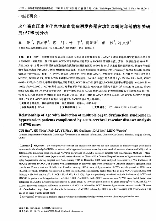 老年高血压患者伴急性脑血管病诱发多器官功能衰竭与年龄的相关研究：5798例分析