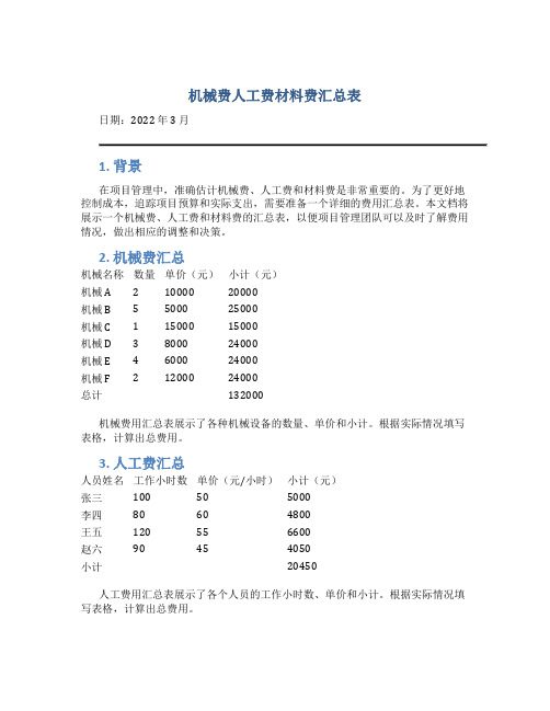 机械费人工费材料费汇总表