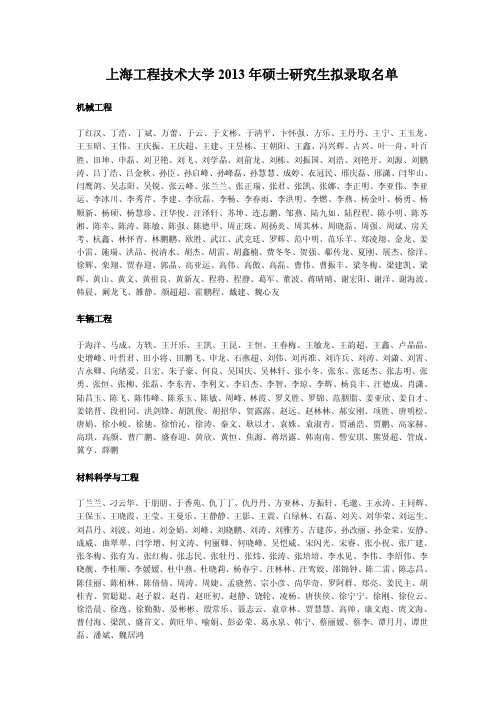 2013年上海工程技术大学硕士研究生拟录取名单