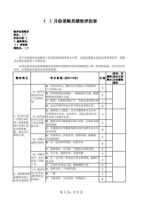 月度采购员绩效评估表