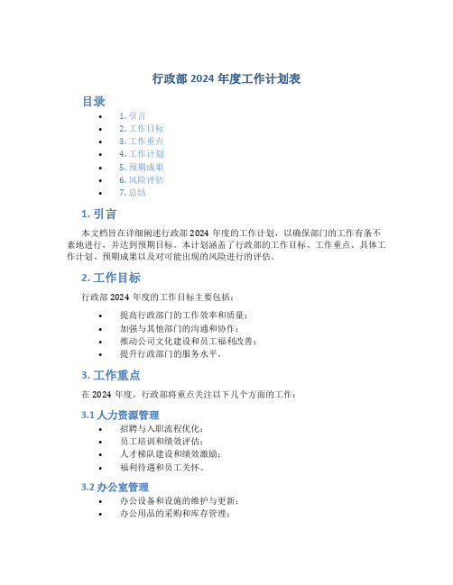 行政部2024年度工作计划表怎么写