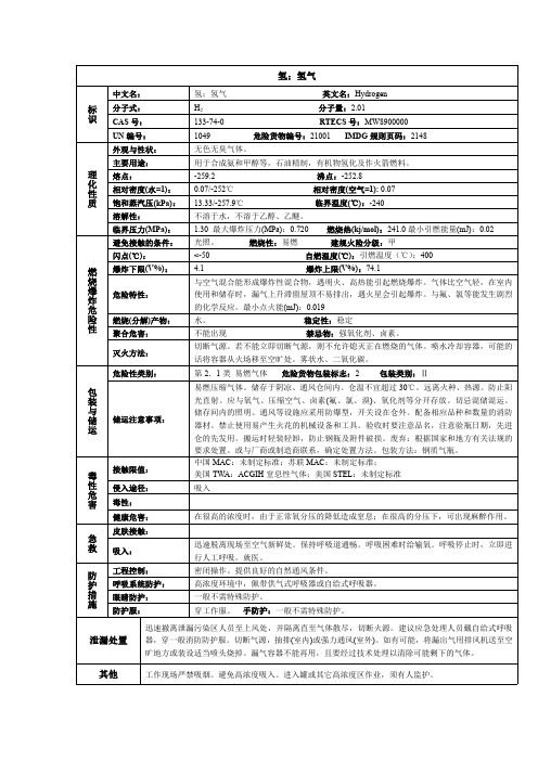 氢;氢气化学品安全技术说明书MSDS