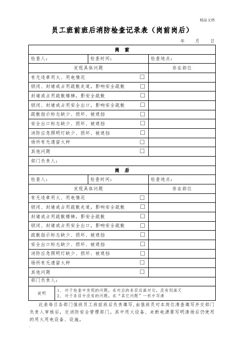 员工班前班后消防检查记录表