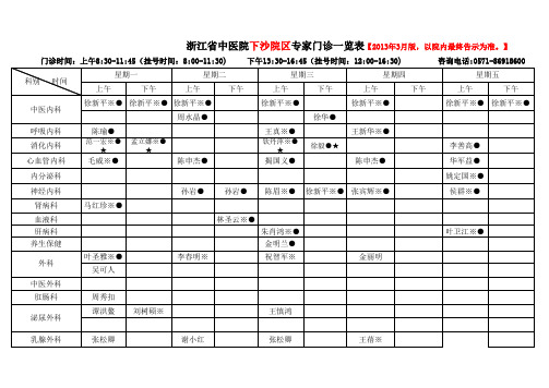 浙江省中医院下沙院区专家门诊一览表【2013年03月版】