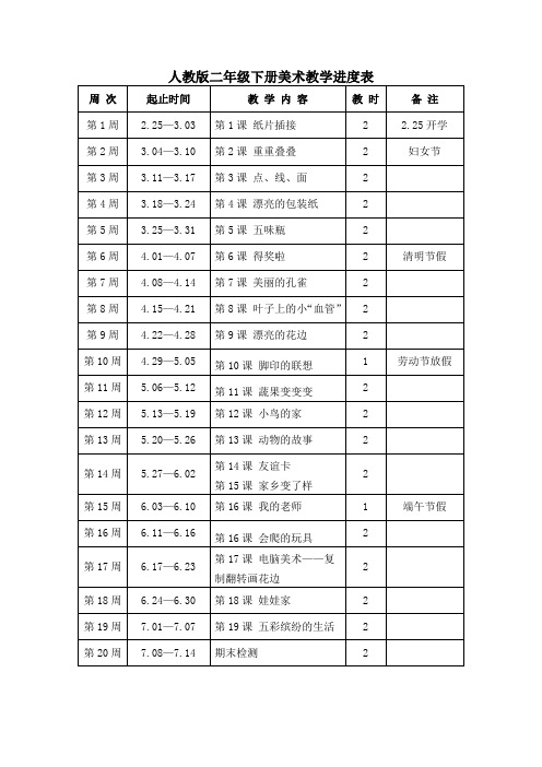 人教版二年级下册美术教学进度表