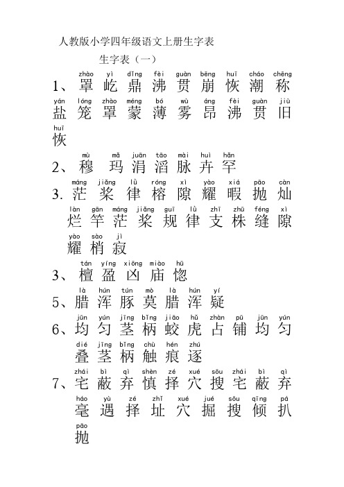 小学四年级语文生字表(上下册)