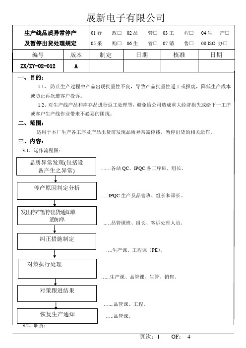 012生产品质异常停产及暂停出货处理规定