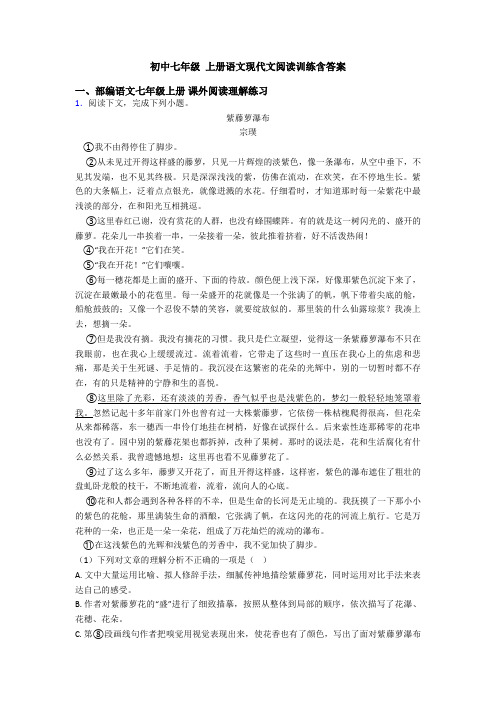 初中七年级 上册语文现代文阅读训练含答案