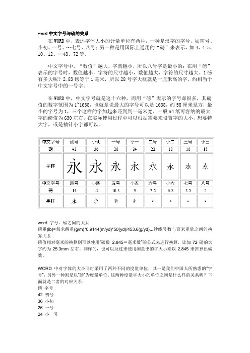 word中文字号与磅的关系