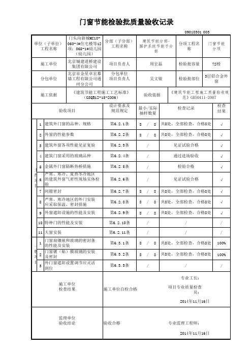 检验批 门窗节能检验批质量验收记录 