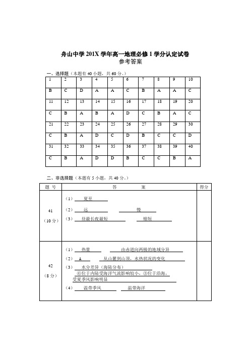 最新地理高一-舟山中学学高一地理必修1学分认定试卷参考答案 精品