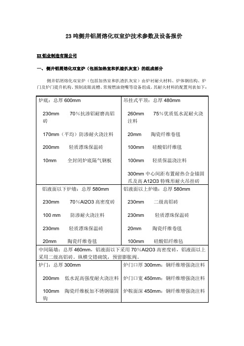 23吨侧井铝屑熔化双室炉技术参数及设备报价