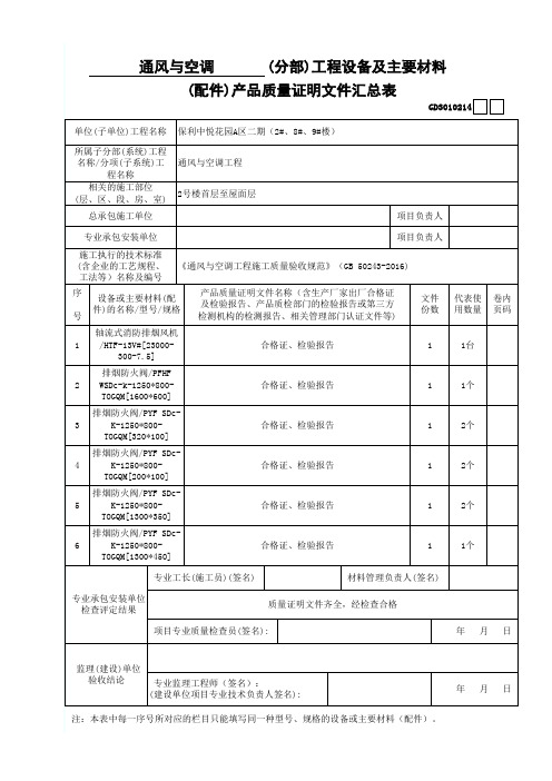 建筑设备安装通风与空调工程防排烟系统1、产品质量证明文件汇总表