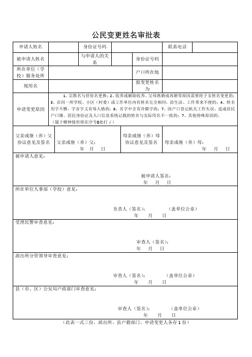 公民变更姓名审批表