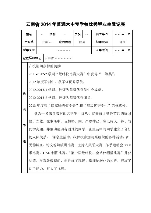 云南省2014年普通大中专学校优秀毕业生登记表