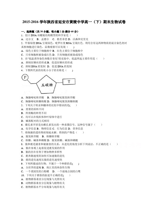 陕西省延安市黄陵中学2015-2016学年高一下学期期末生物试卷 含解析