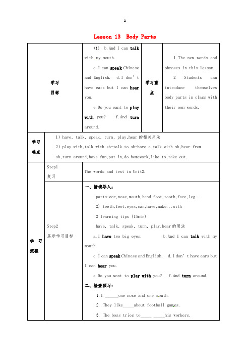 七年级英语上册 Unit 3 Body Parts and Feelings Lesson 13 B