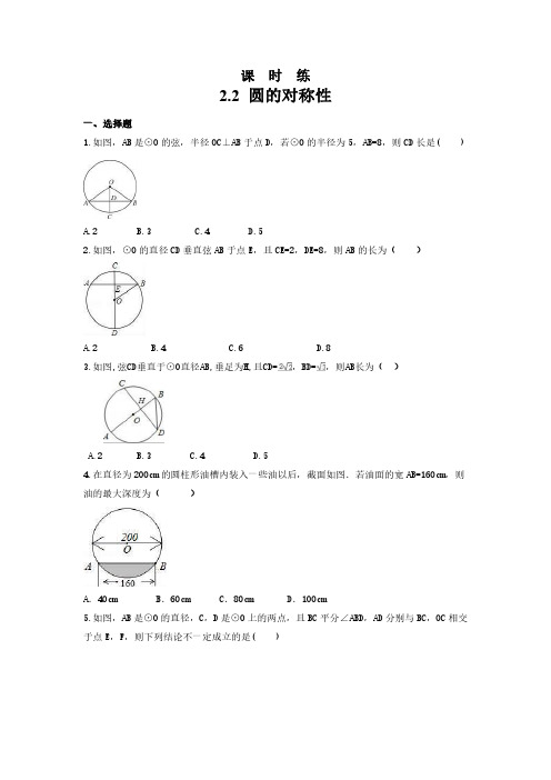 九年级数学苏科版上册课时练第2单元《 2.2 圆的对称性》(1) 练习试题试卷 含答案