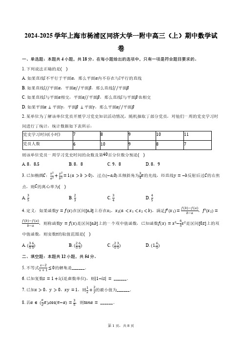 2024-2025学年上海市杨浦区同济大学一附中高三(上)期中数学试卷(含答案)