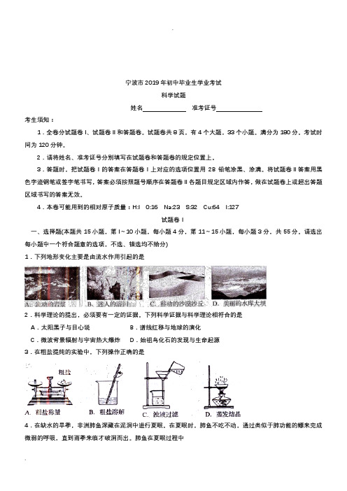 2019年浙江省宁波市中考科学试卷(含答案)