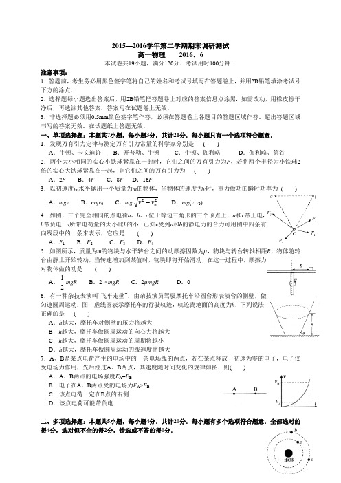 江苏省苏州市2015-2016学年高一下学期期末调研测试物理试题