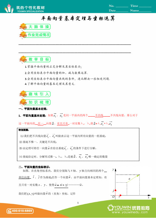 人教版高数必修四第7讲：平面向量基本定理及坐标运算(教师版)—东直门仉长娜(