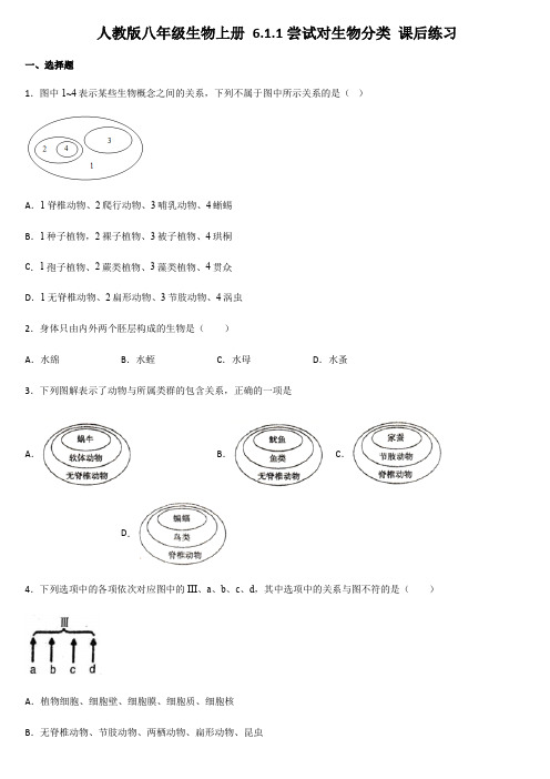 人教版八年级生物上册 6.1.1尝试对生物分类 课后练习