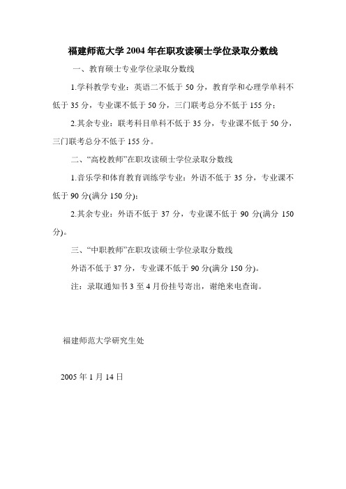 福建师范大学2004年在职攻读硕士学位录取分数线