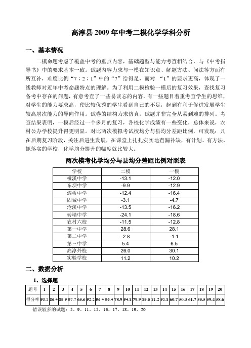 高淳县2009年中考二模化学学科分析