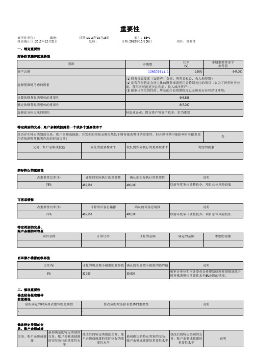 马春静第三版审计实训参考答案2-1BE-1 重要性